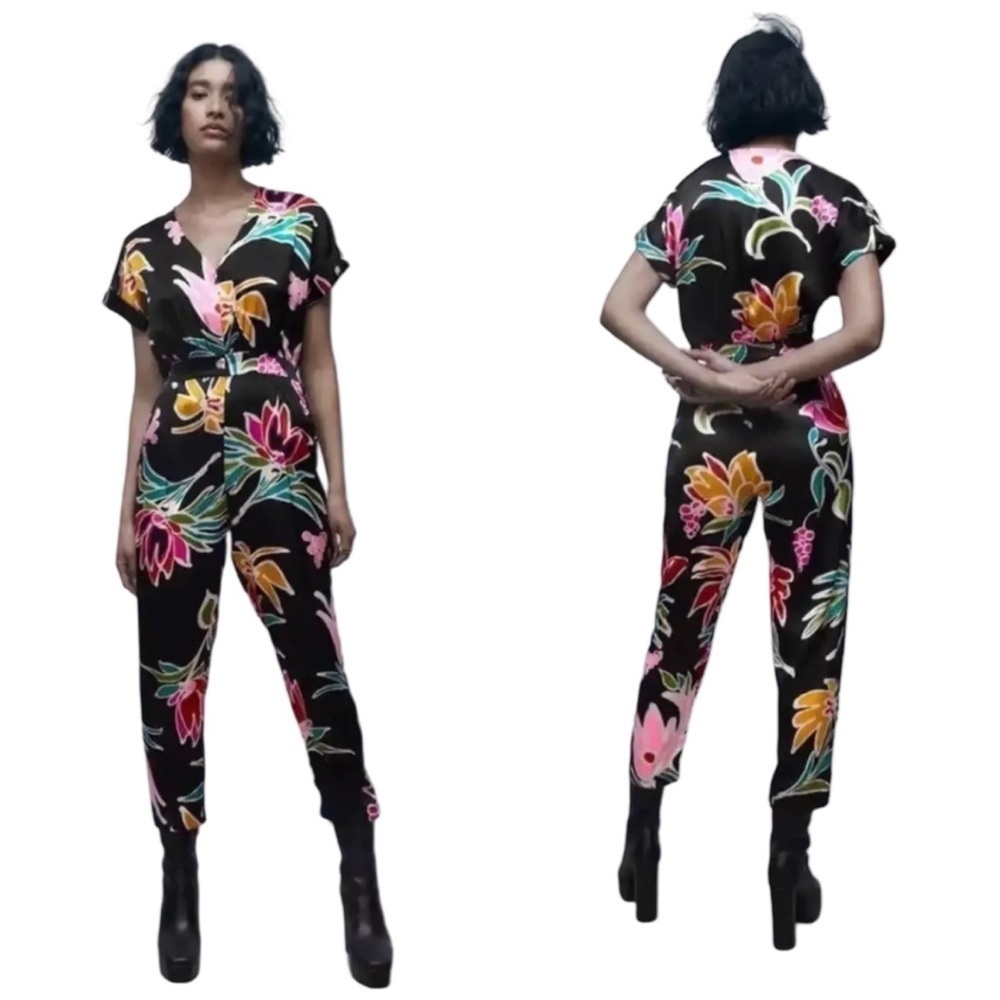 Zara Black Floral Print Satin Jumpsuit Women’s Large - Picture 16 of 16